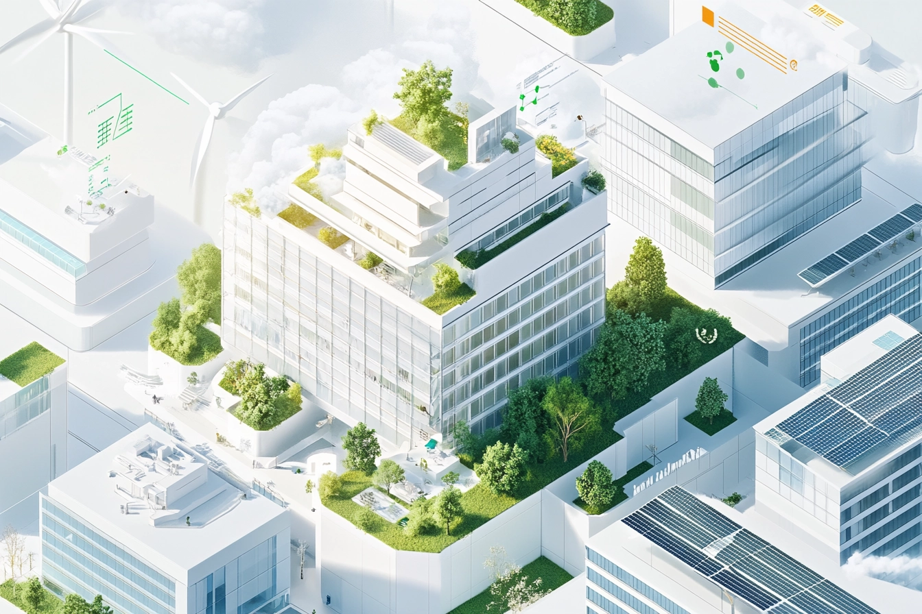 Toimitorakennus uusiutuvan energian ratkaisuilla ja kaavioilla, jotka symboloivat ympäristöjärjestelmän vaikutusta hiilijalanjäljen vähentämiseen.