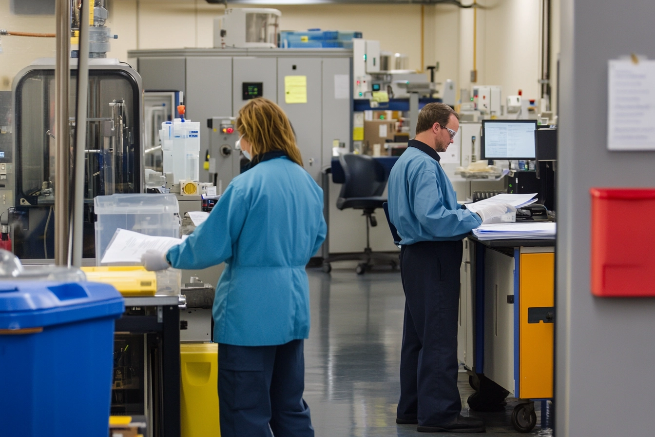 Monialainen työympäristö, jossa ammattilaiset tarkastelevat laatujärjestelmiä teollisuudessa, terveydenhuollossa ja palvelualalla, ISO-sertifikaatit näkyvillä.