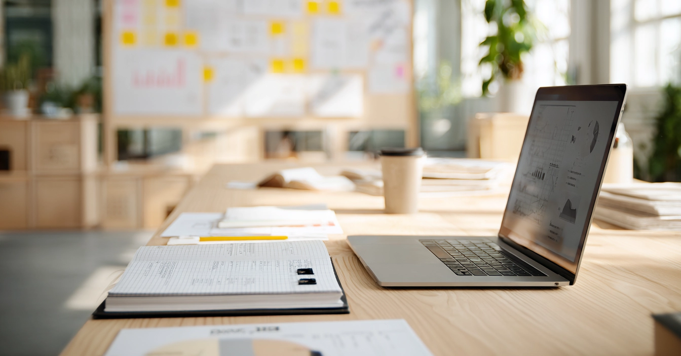 Moderni toimistotila, jossa pöydällä näkyy dokumentteja ja taustalla suunnitteluseinä viestii laadun ja strategian yhdistämisestä.