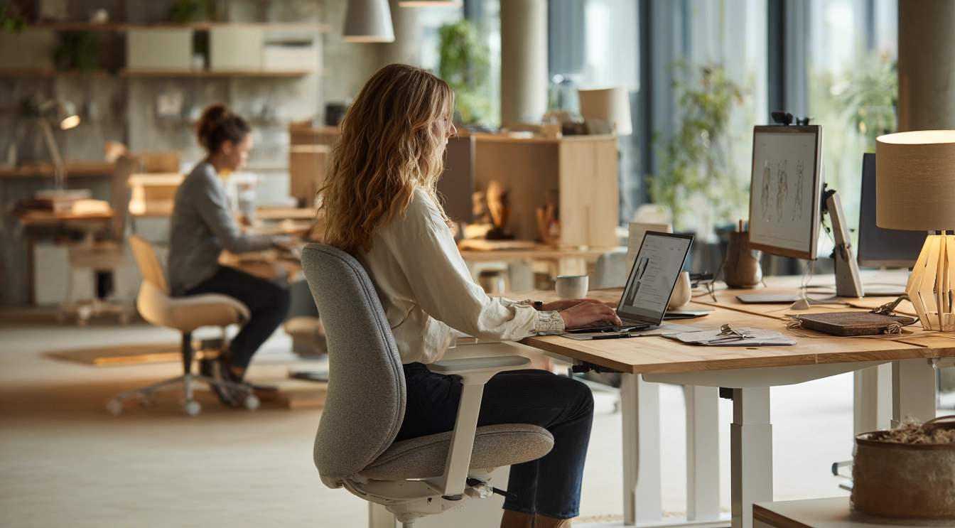 Modernissa toimistossa työntekijä työskentelee ergonomisesti säädettävän pöydän ääressä.