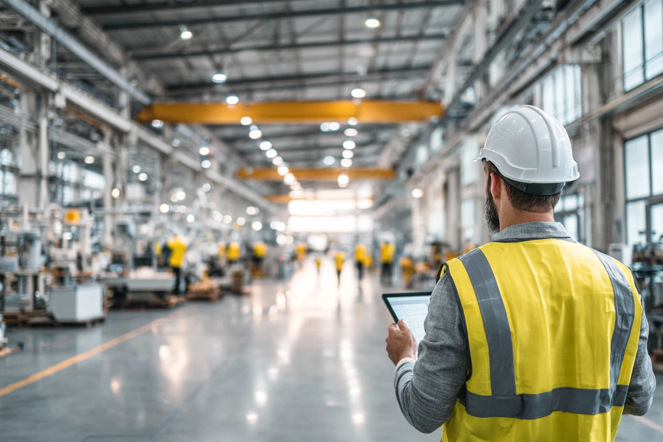 Turvallisuusasiantuntija kypärä päässä tarkkailee tuotantotilaa tabletin avulla modernissa teollisuusympäristössä.